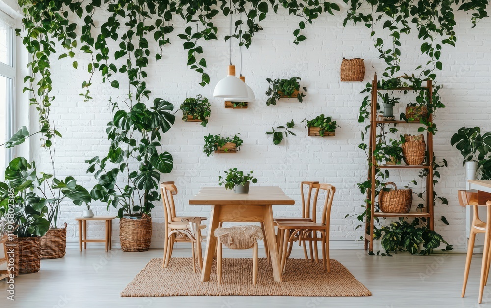 Fototapeta premium Bright Scandinavian dining room with white walls, wooden table, and greenery
