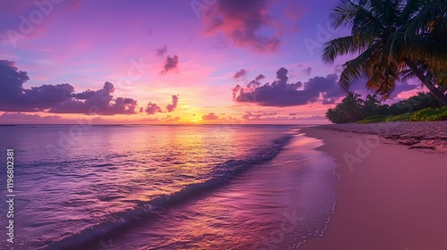 Stunning tropical sunset over a palm lined beach with silhouetted palm trees reflecting in the calm tranquil ocean waters  A serene and picturesque coastal landscape scene photo