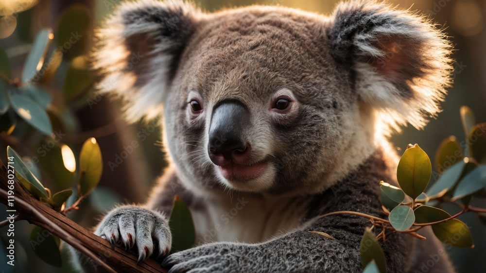 Obraz premium A close-up of a koala perched on a branch surrounded by leaves in a natural setting.