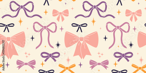Seamless pattern with beautiful pastel ribbon bow, bowknot and stars. Coquette and balletcore aesthetic, girly accessory. Trendy modern vector illustration on light background, hand drawn, flat