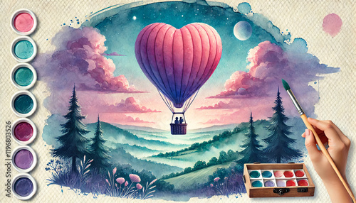 Heart Balloon Over Scenic Hills in Watercolor.