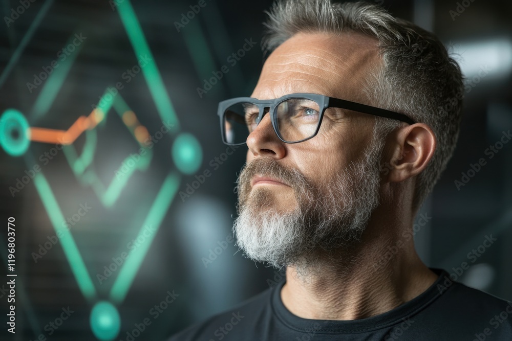 man thoughtfully looks at a computer screen with a lot of text and diagrams on it, He is focused and serious, solving a difficult problem. The chart shows fluctuations in the stock market. man thoughtfully looks at a computer screen with a lot of text and diagrams on it, He is focused and serious, solving a difficult problem. The chart shows fluctuations in the stock market.