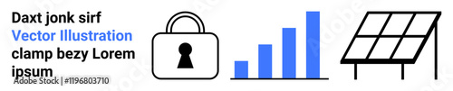 Lock icon, bar chart, and solar panel highlight security, business growth, and sustainability. Ideal for technology, security, data analysis, renewable energy industry trends environmental