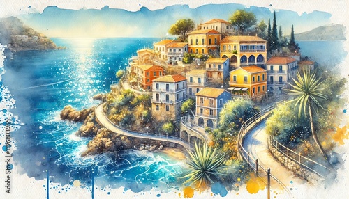 Scenic Mediterranean Coastal Village with Sunlit Sea.