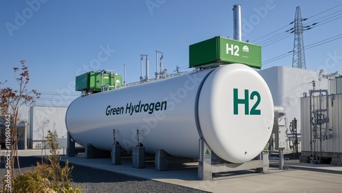Large white tanks storing h2 for green hydrogen production at a modern industrial plant, contributing to clean energy and sustainable practices photo