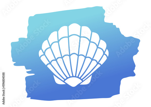Ilustración de vida marina. Logo restaurante de marisco. Silueta de concha marina o marisco en trazo de pincel de pintura azul 