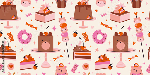 Cute Seamless pattern with cakes, cupcakes and candies. Sweets, desserts with kawaii animals and berries. Trendy modern vector illustration on light background, hand drawn, flat design