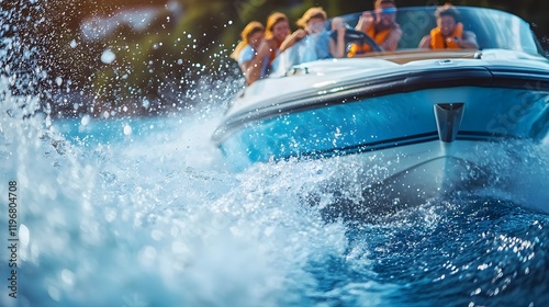 Close up view of a family tightly gripping the sides of a fast moving speedboat as it cuts through the turquoise waves capturing the thrill and excitement of their aquatic adventure photo