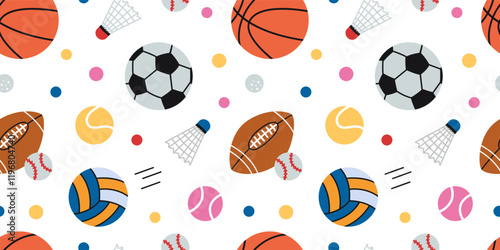 Seamless pattern with balls for basketball, American football, baseball, tennis, volleyball, soccer and shuttlecock for badminton. Sports games. Vector illustration on white background, flat design
