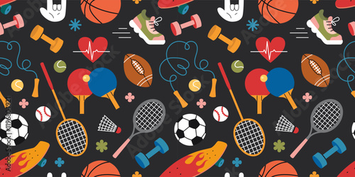 Seamless pattern with Sports equipment. Cardio, running and strength training. Jump rope, sneaker, dumbbell, balls, rackets and skateboard. Trendy modern vector illustration on black background, flat