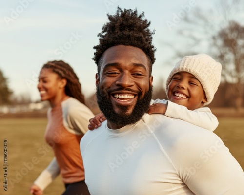 Modern Wellness Lifestyle Family Walking in Sunlit Park Embracing Eco-Friendly Fabrics Promoting Self-Care and Community Wellness for Health-Focused Brands photo