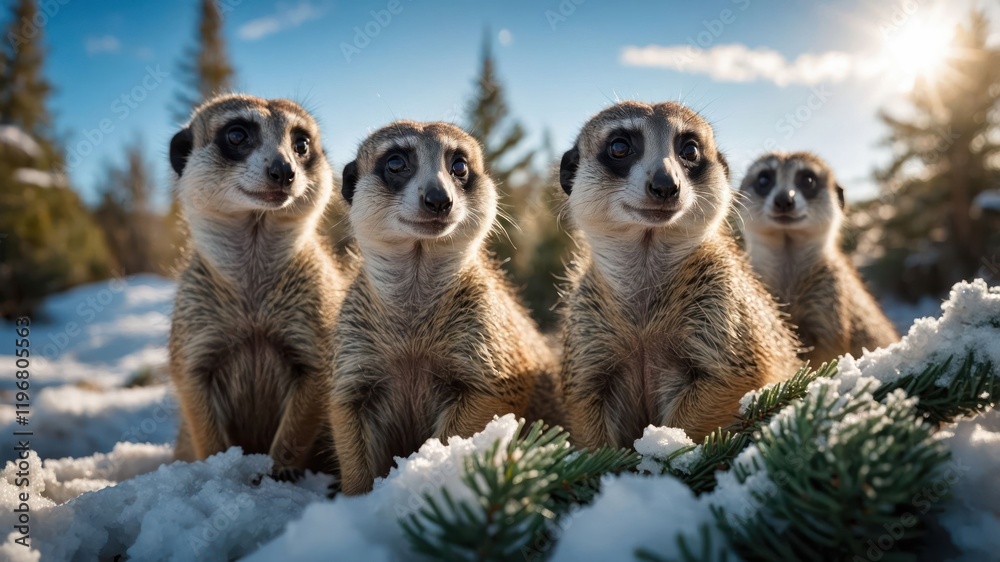 Fototapeta premium A group of meerkats standing in the snow with trees in the background.