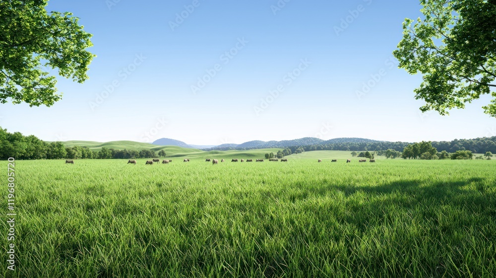 Fototapeta premium Serene field, hay bales, rolling hills, sunny day, pastoral landscape, idyllic scene for nature posters