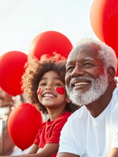 Vibrant Sports Unity Multigenerational Fans with Painted Cheeks and Red Balloons - Social Engagement for Cultural Events and Visual Marketing in Entertainment Venues photo