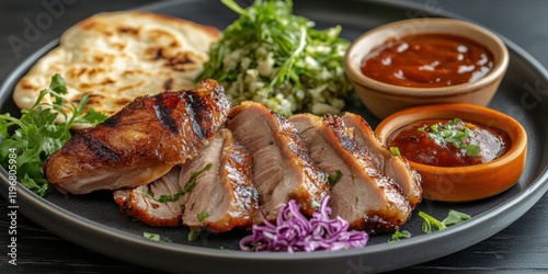 Savoring a delicious dish of grilled roasted duck with fresh sides gourmet restaurant culinary photography elegant dining atmosphere