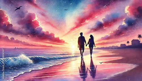 Romantic Couple Walking on Sunset Beach.