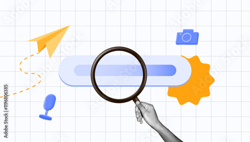 halftone collage, Search bar with hand holding magnifying glass, paper airplane, and camera icons on a grid background, exploration, and search engine. user navigation and discovery feature