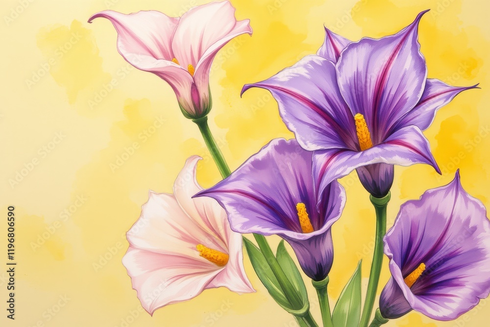 Fototapeta premium Vibrant Purple and Pink Calla Lilies Watercolor Painting Floral Art Botanical Illustration