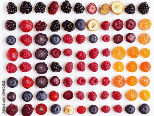 Vibrant gourmet fruit medley display clean composition white background artistic arrangement freshness concept photo