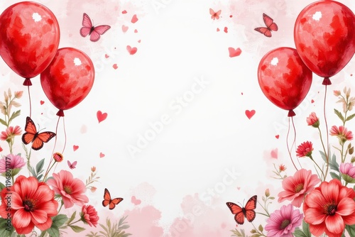 Wallpaper Mural Romantic Watercolor Illustration Red Balloons Flowers Butterflies Hearts Torontodigital.ca