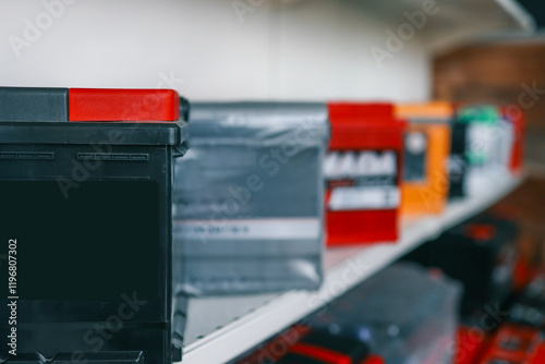 Wallpaper Mural Close-up of a black car battery with a red terminal, placed on a store shelf. Blurred background features a variety of colorful batteries on display. Ideal for automotive and energy-related concepts Torontodigital.ca