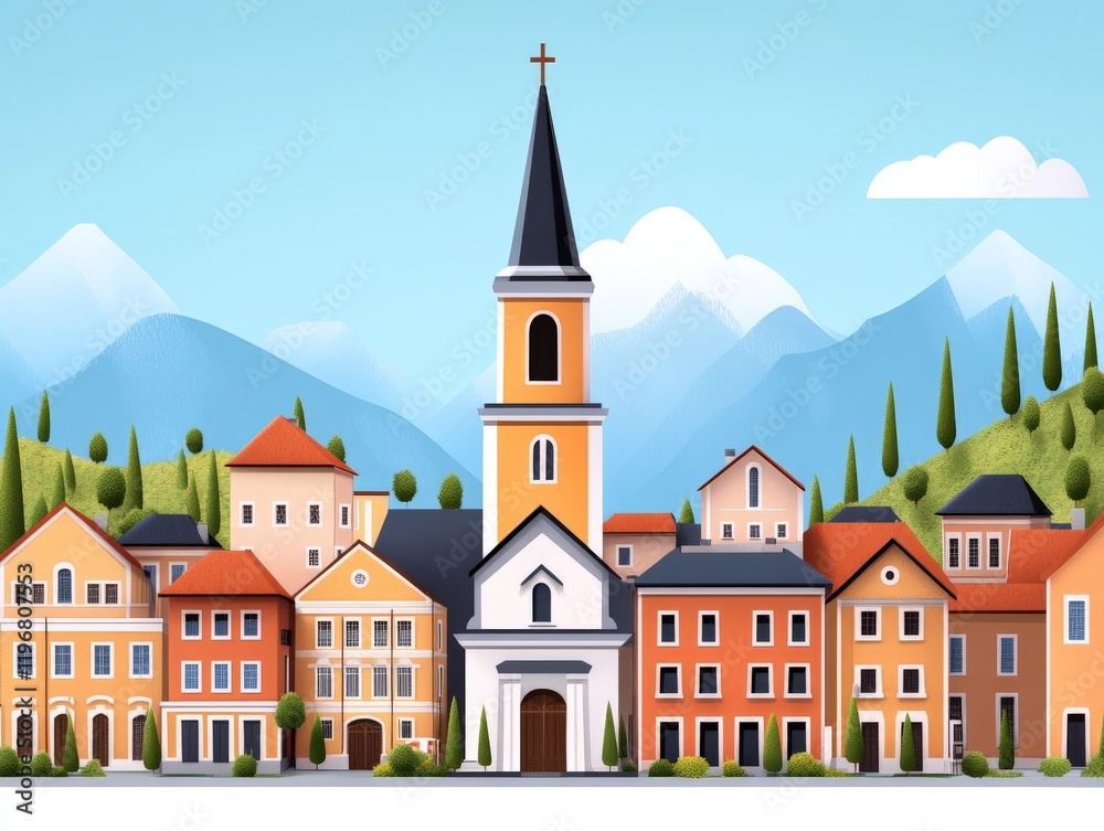 Naklejka premium Picturesque village with colorful houses and a tall church tower nestled in green hills under clear skies exuding charm and tranquility in a scenic vector illustration