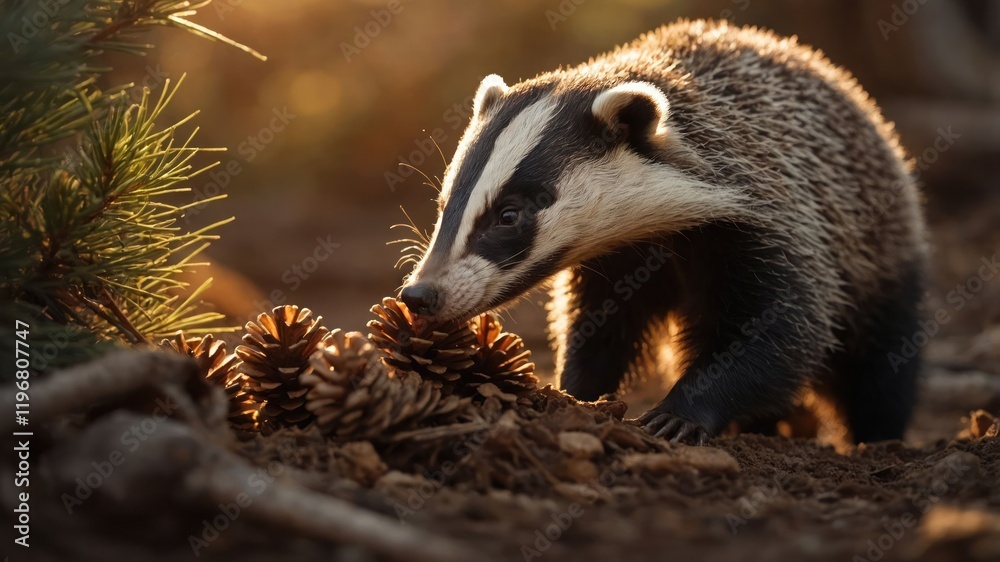 Obraz premium A badger foraging near pine cones in a sunlit forest setting.