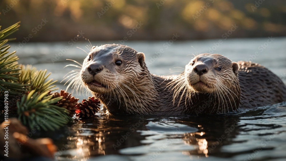 Two playful otters swimming in a serene river surrounded by nature. Two playful otters swimming in a serene river surrounded by nature.