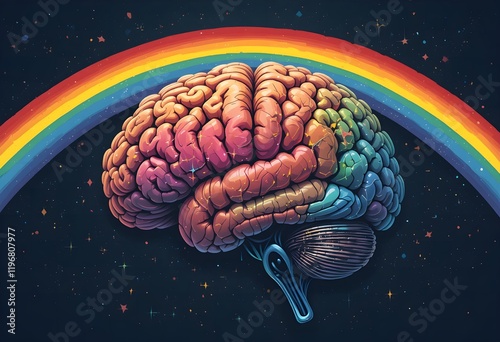 The illustration of a brain with a rainbow symbolizes brilliant ideas, knowledge and creativity. 