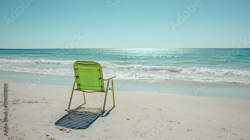 Peaceful and serene beach scene with a solitary chair casting a soft shadow on the sand with gentle waves lapping at the shore in the background creating a tranquil and calming atmosphere photo