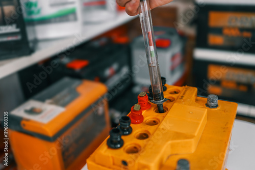 A hydrometer is used to test the fluid density of a yellow car battery. The battery features visible red and black terminals