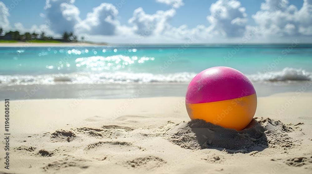 Partially Buried Beach Ball Amid the Sand and Serene Ocean Waves   Tranquil Coastal Scenery for Relaxation and Vacation Concepts