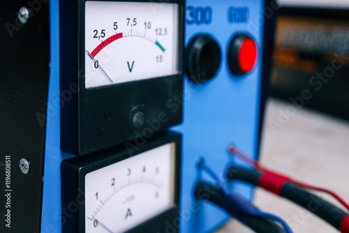 Close-up of a blue charging station featuring analog voltage and amperage meters with calibration markings. Professional industrial equipment for power monitoring photo