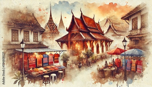 Traditional Market Near Ornate Asian Temple.