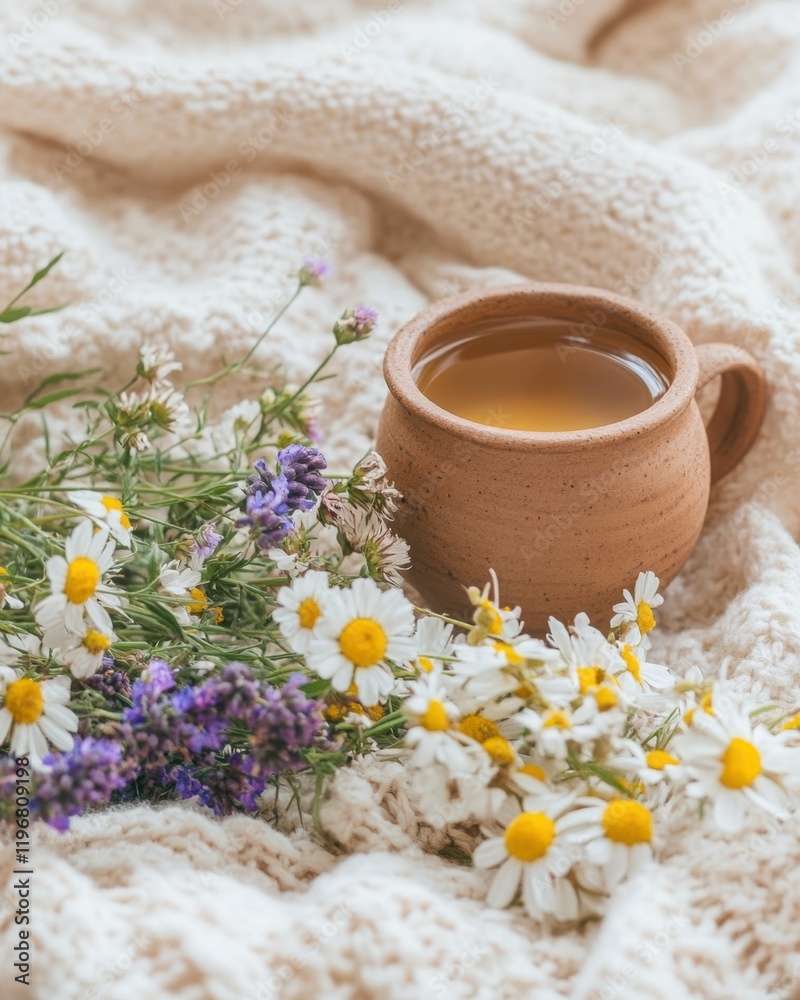 Cozy herbal tea in a rustic mug surrounded by fresh flowers on a soft knitted blanket, creating a tranquil and inviting atmosphere for relaxation Cozy herbal tea in a rustic mug surrounded by fresh flowers on a soft knitted blanket, creating a tranquil and inviting atmosphere for relaxation