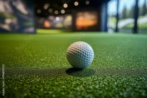 Indoor golf practice area featuring a close-up of a golf ball about to roll on synthetic grass photo