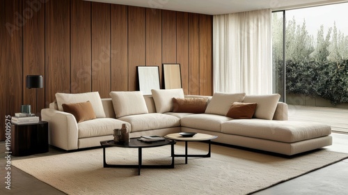 Minimalist living room with beige corner sofa, wooden paneling wall, and sleek coffee table on a neutral area rug
