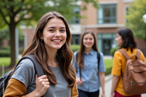 Happy Young Woman Student Walking on College Campus with Backpack Smiling