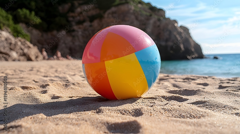 Obraz premium Vibrant and Colorful Beach Ball Rolling Playfully Along the Sandy Tropical Beach in the Warm Summer Sunshine Evoking a Sense of Carefree Fun and Relaxation