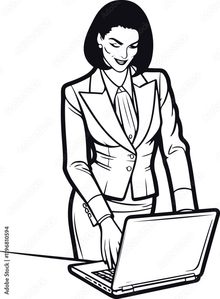 line art in a bold line of successful businesswoman in business clothes using laptop no color background color white 3.eps line art in a bold line of successful businesswoman in business clothes using laptop no color background color white 3.eps