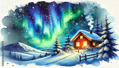 Aurora Over Cozy Cabin in Snowy Landscape.