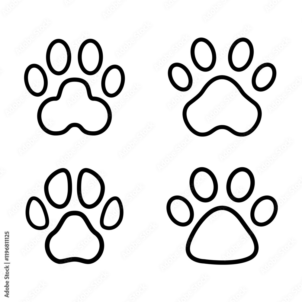 Fototapeta premium Pet paw icon set line vector illustration. Dog or cat paw. Paw print sign. For mobile concept and web design. Representing pets and animals, veterinary sign, symbol. Isolated on a white background.