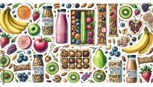 Colorful Healthy Snacks and Smoothie Illustration.