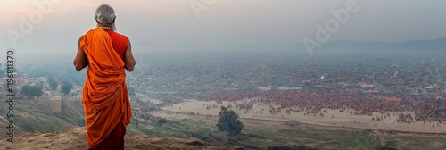 Cultural Renaissance Traditional Indian Man in Spiritual Attire Overlooks Mahakumbh Mela - Faith and Heritage for Social Media Campaigns in Travel and Culture Industries photo