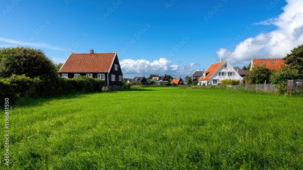 Houses and green field on sunny day Houses and green field on sunny day