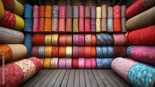 Vibrant Fabric Rolls: A Colorful Textile Display in a Rustic Setting