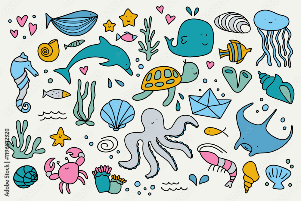 Fototapeta premium Doodle sea animals. Cute ocean life elements and marine fish, funny underwater wildlife characters, colorful cartoon aquarium creatures starfish crab turtle seahorse. Vector isolated set