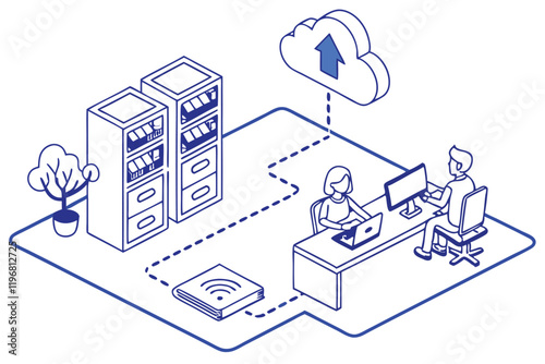 Cloud computing, network diagram, office workers at desks, data server, digital connectivity, information sharing, blue and white color scheme, minimalist illustration, flat design, business technolog