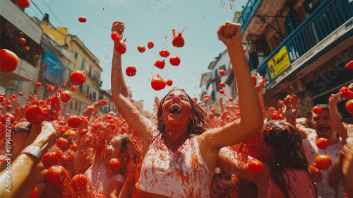 People throw tomatoes enthusiastically at the La Tomatina Festival, the background of city streets filled with red tomatoes and people cheering. photo