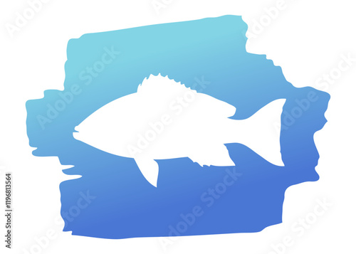 Ilustración de vida marina. Logo restaurante de marisco. Silueta de mero en trazo de pincel de pintura azul